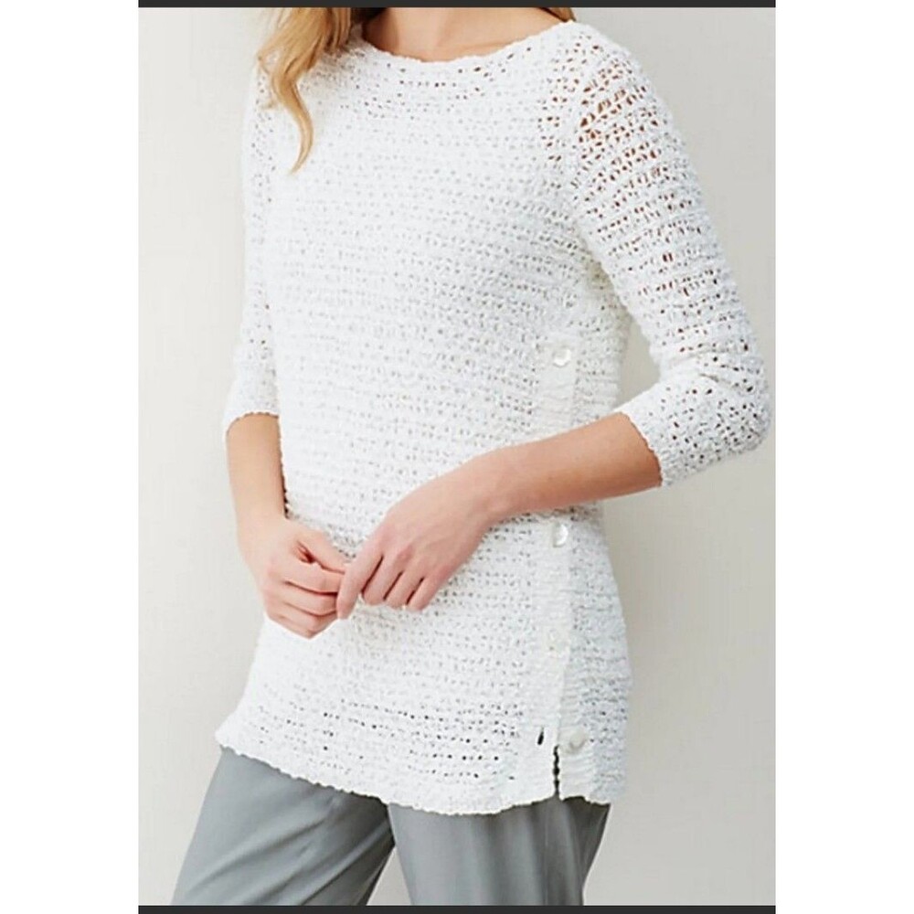 J. Jill Womens XS 3/4 Sleeve Open Knit Sweater Cotton White Summer Beach Casual
